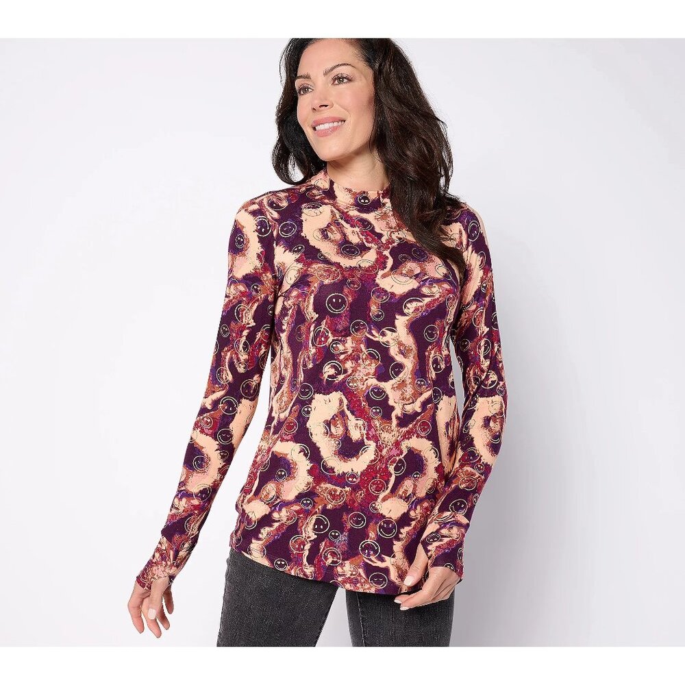 LOGO by Lori GoldsteinxSmiley World Top Size Large Printed Mock Neck Multicolor